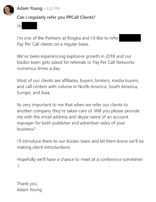 Business Development for Pay Per Call - Real Example of Adam Young reaching out to CEOs