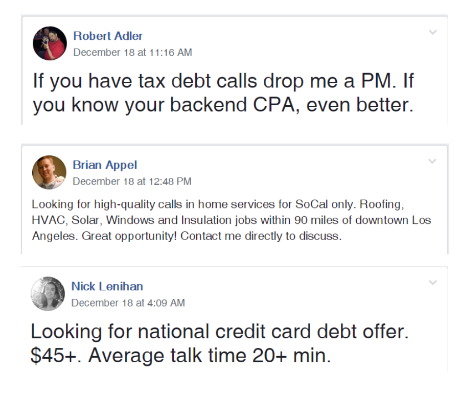 Pay Per Call Business Development on Facebook - Cold Call Examples